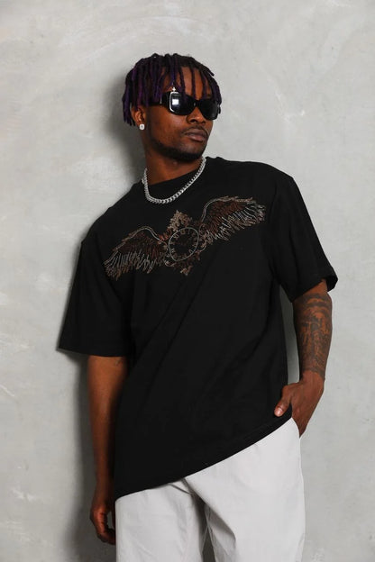 Unisex Oversize Taşlı Bisiklet Yaka T-Shirt - Beyaz