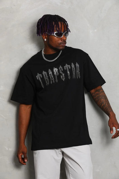 Unisex Oversize Taşlı Bisiklet Yaka T-Shirt - Beyaz