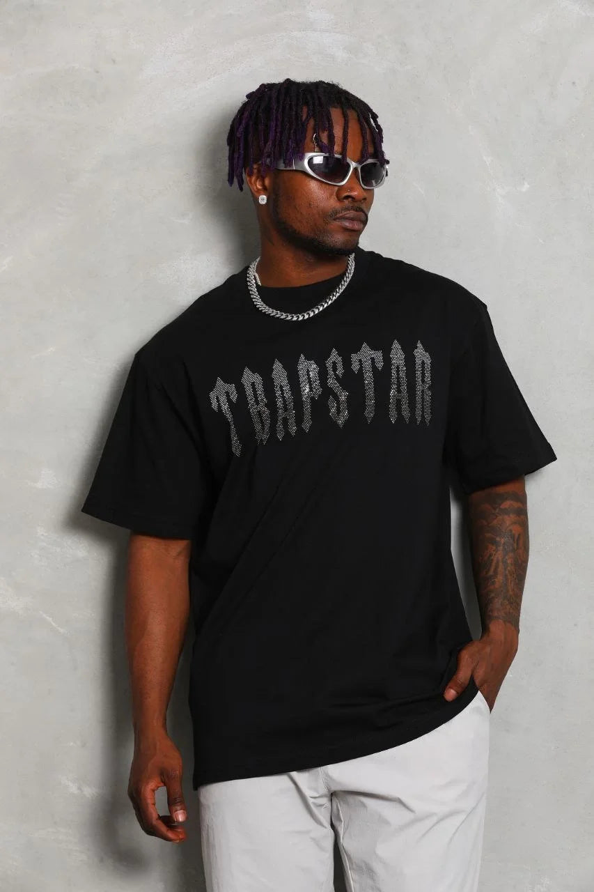 Unisex Oversize Taşlı Bisiklet Yaka T-Shirt - Beyaz