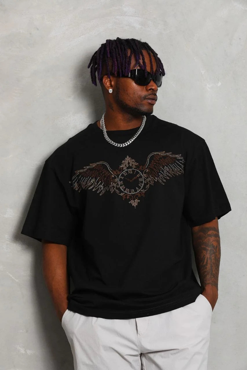 Unisex Oversize Taşlı Bisiklet Yaka T-Shirt - Beyaz