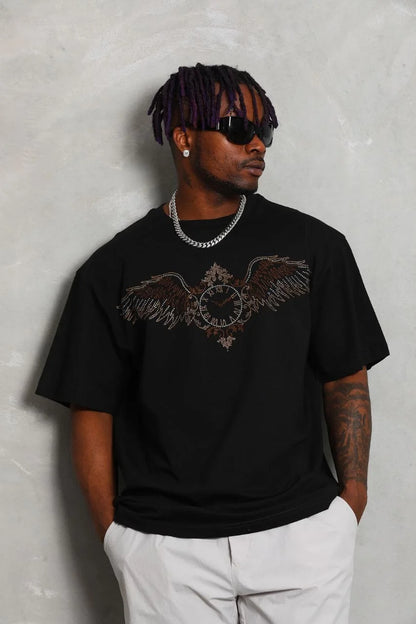 Unisex Oversize Taşlı Bisiklet Yaka T-Shirt - Beyaz