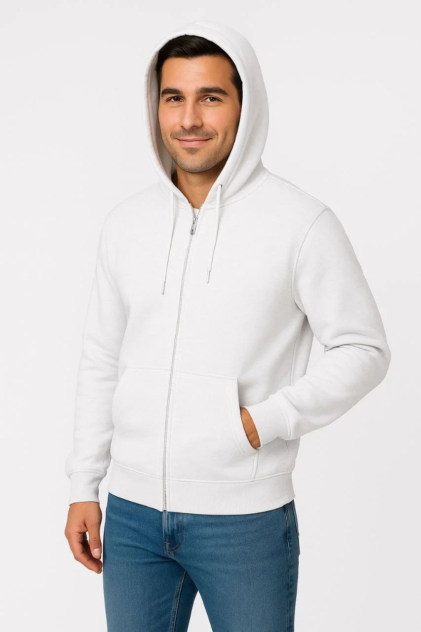 Kadın Üç İplik Kapüşonlu Tam Fermuarlı Kanguru Çepli SweatShirt Hoodie - Gri