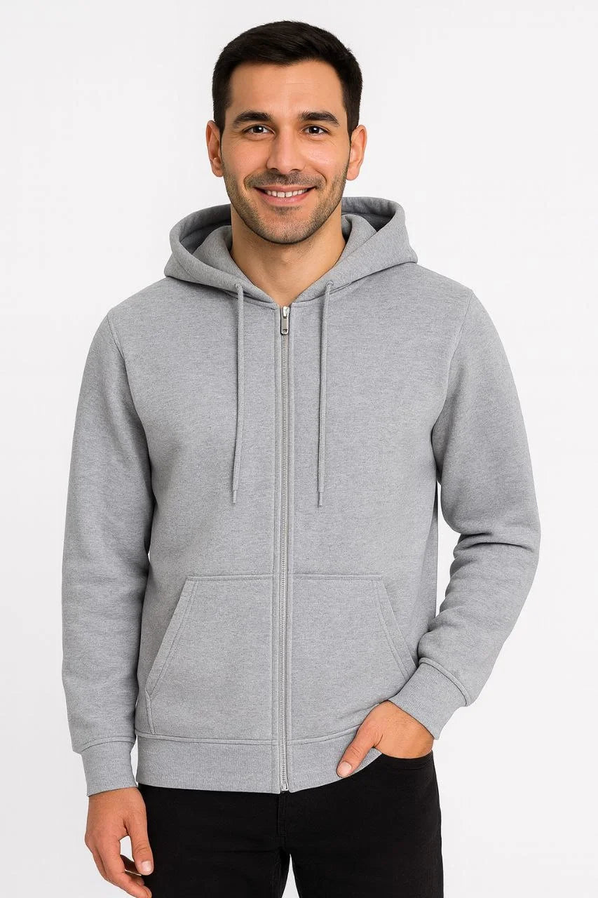 Kadın Üç İplik Kapüşonlu Tam Fermuarlı Kanguru Çepli SweatShirt Hoodie - Gri