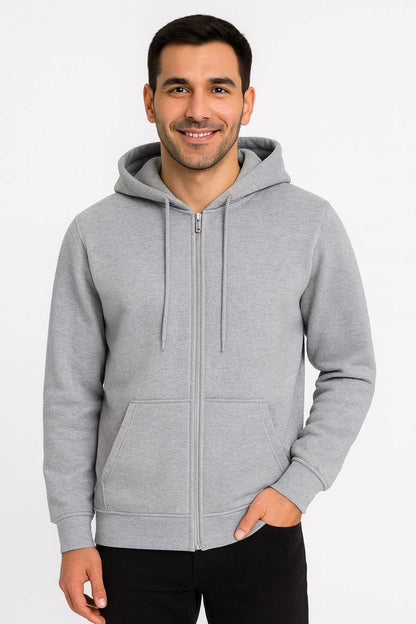 Kadın Üç İplik Kapüşonlu Tam Fermuarlı Kanguru Çepli SweatShirt Hoodie - Gri