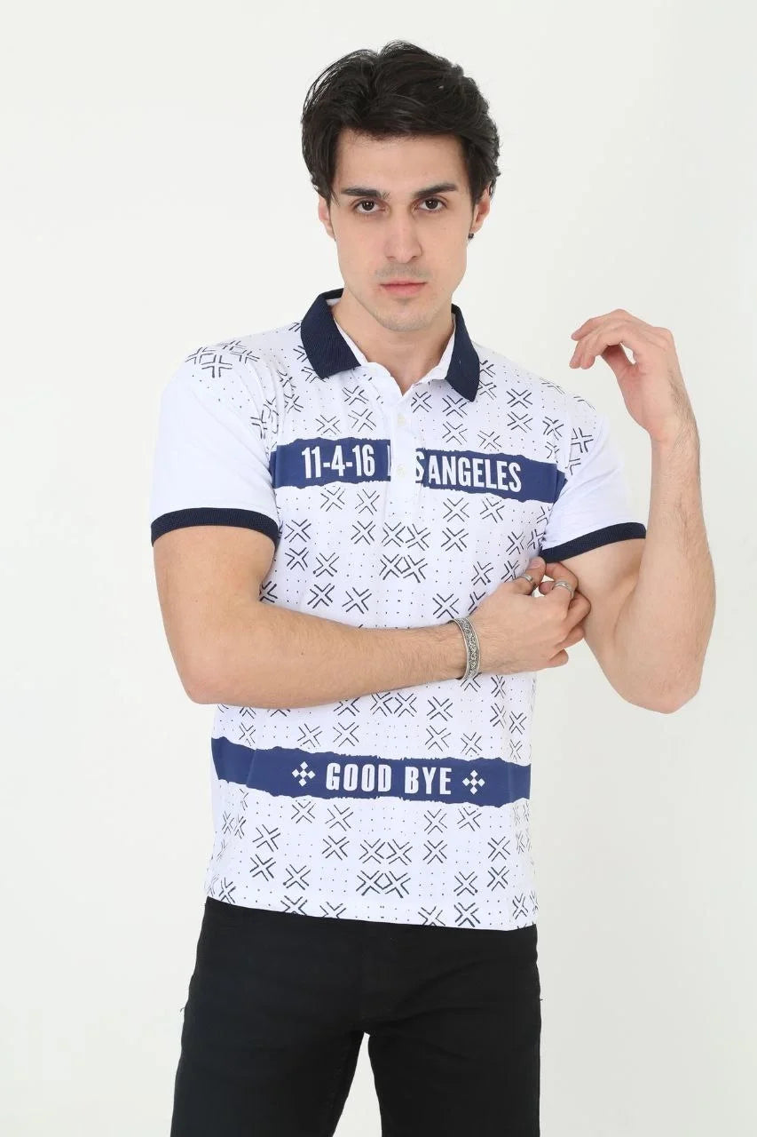 Erkek Yakalı Slim Fit Baskılı T-Shirt - Siyah