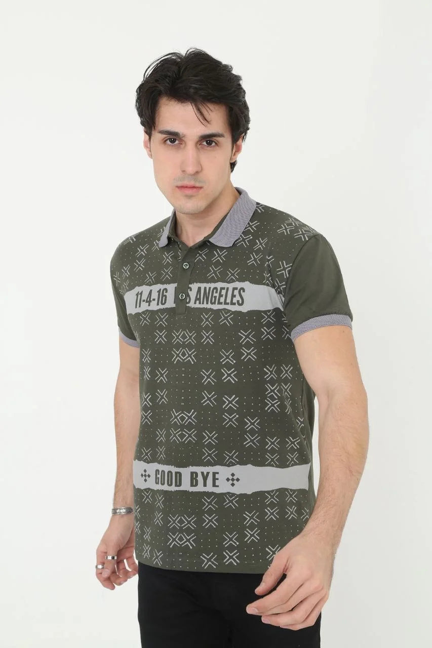 Erkek Yakalı Slim Fit Baskılı T-Shirt - Siyah