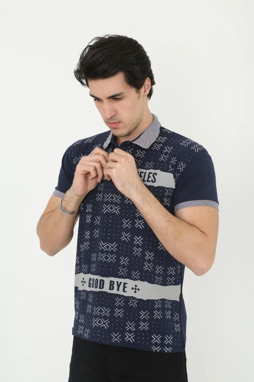 Erkek Yakalı Slim Fit Baskılı T-Shirt - Siyah