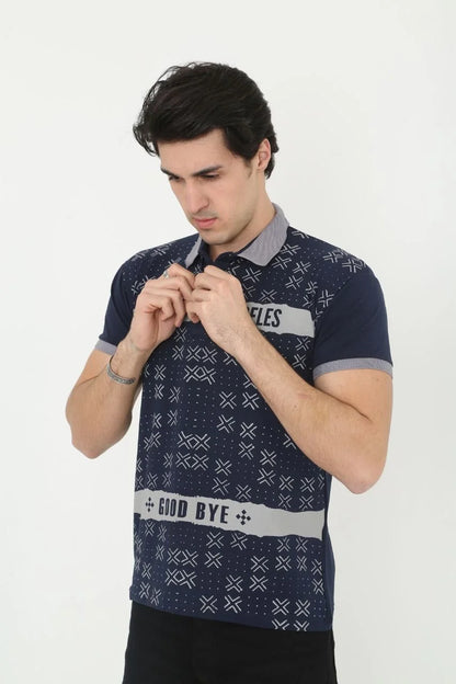 Erkek Yakalı Slim Fit Baskılı T-Shirt - Siyah