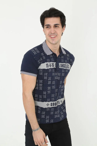 Erkek Yakalı Slim Fit Baskılı T-Shirt - Siyah