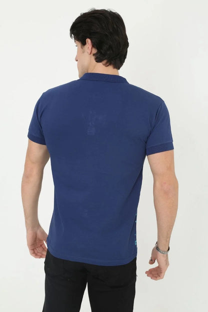 Erkek Yakalı Slim Fit Pike Çizgili T-Shirt - Lacivert