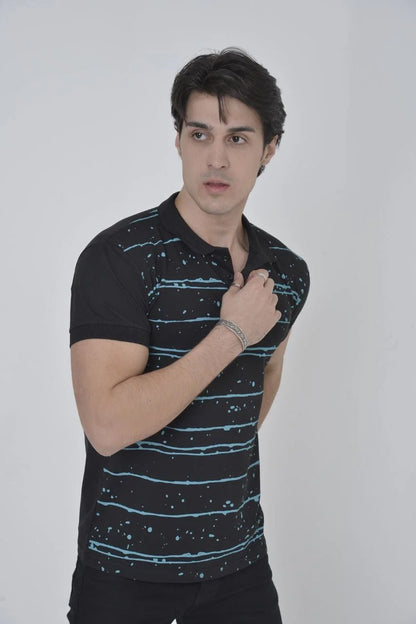 Erkek Yakalı Slim Fit Pike Çizgili T-Shirt - Lacivert