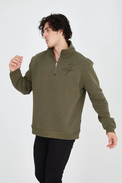 Erkek Yarım Fermuarlı Baskılı Sweat - Boyalı Gri