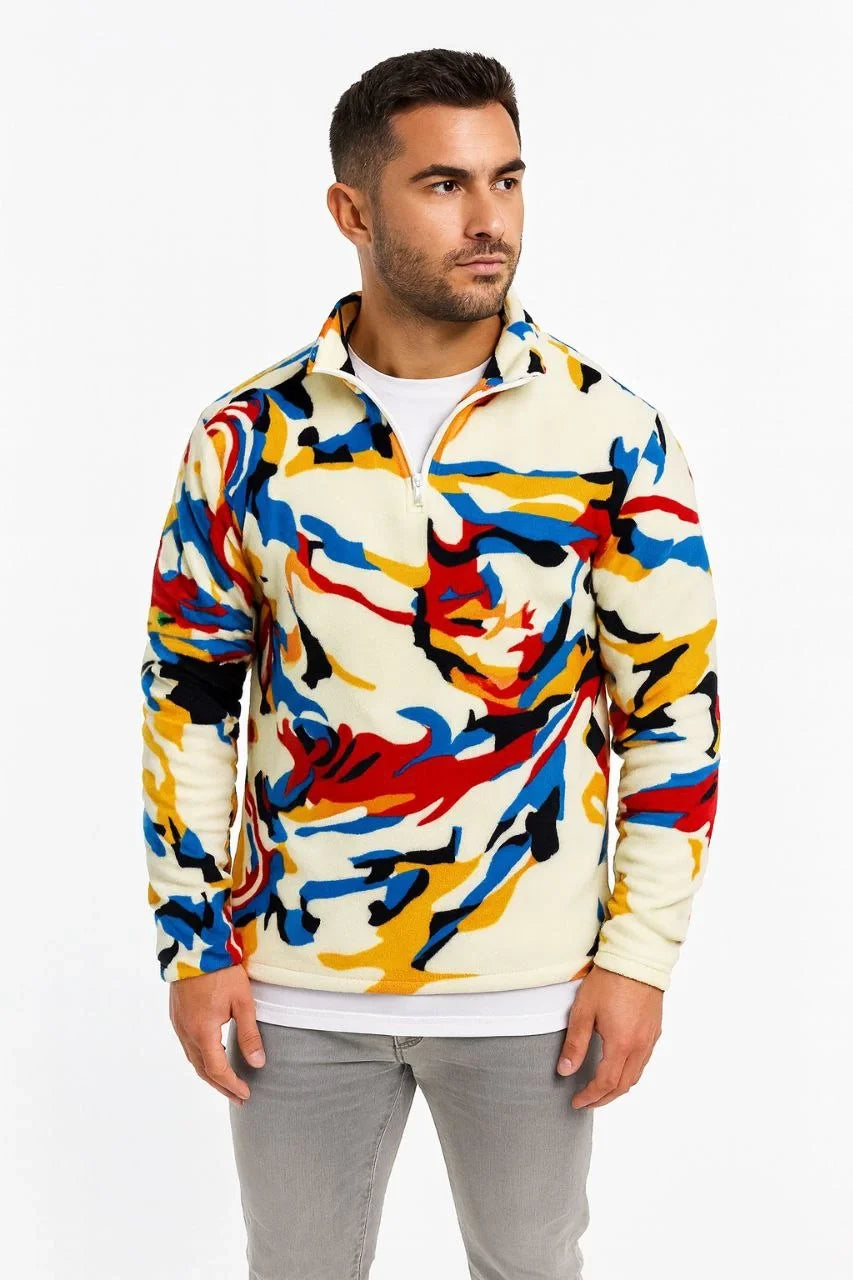 Erkek Yarım Fermuarlı Desenli Polar Sweat – Renkli Abstract Desen Yakalı, Uzun Kollu, Oversize Rahat Kalıp, - Beyaz