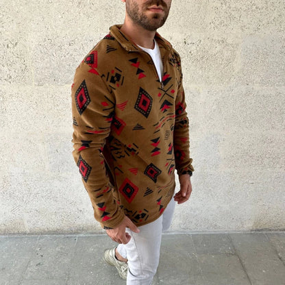 Erkek Yarım Fermuarlı Desenli Polar Sweat Tribal Etnik Desen Yakalı, Uzun Kollu, Oversize Rahat Kalıp, - Siyah