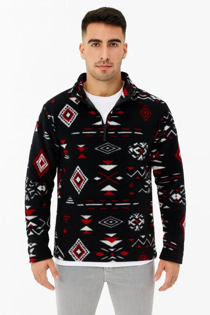 Erkek Yarım Fermuarlı Desenli Polar Sweat Tribal Etnik Desen Yakalı, Uzun Kollu, Oversize Rahat Kalıp, - Siyah