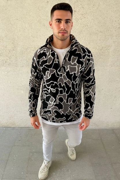 Erkek Yarım Fermuarlı Desenli Polar Sweat Yakalı, Uzun Kollu, Oversize Rahat Kalıp - Bej