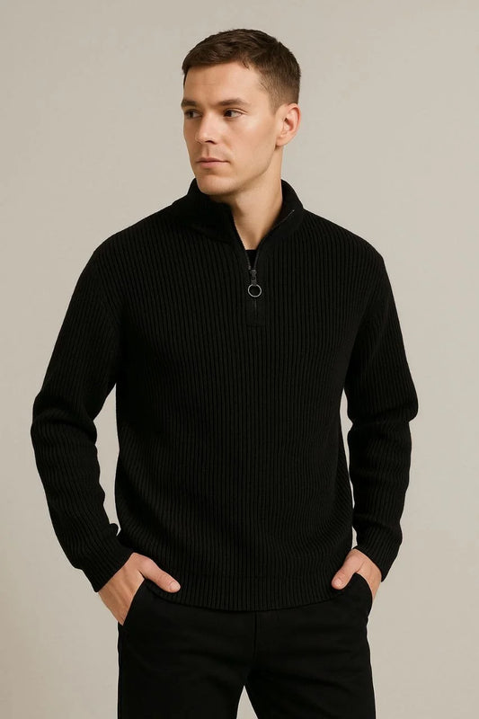Erkek Yarım Fermuarlı Triko Kazak – Selanik Örgü, Dik Yaka, Pamuklu Dokuma, Regular Fit Uzun Kollu Kışlık Model - Siyah
