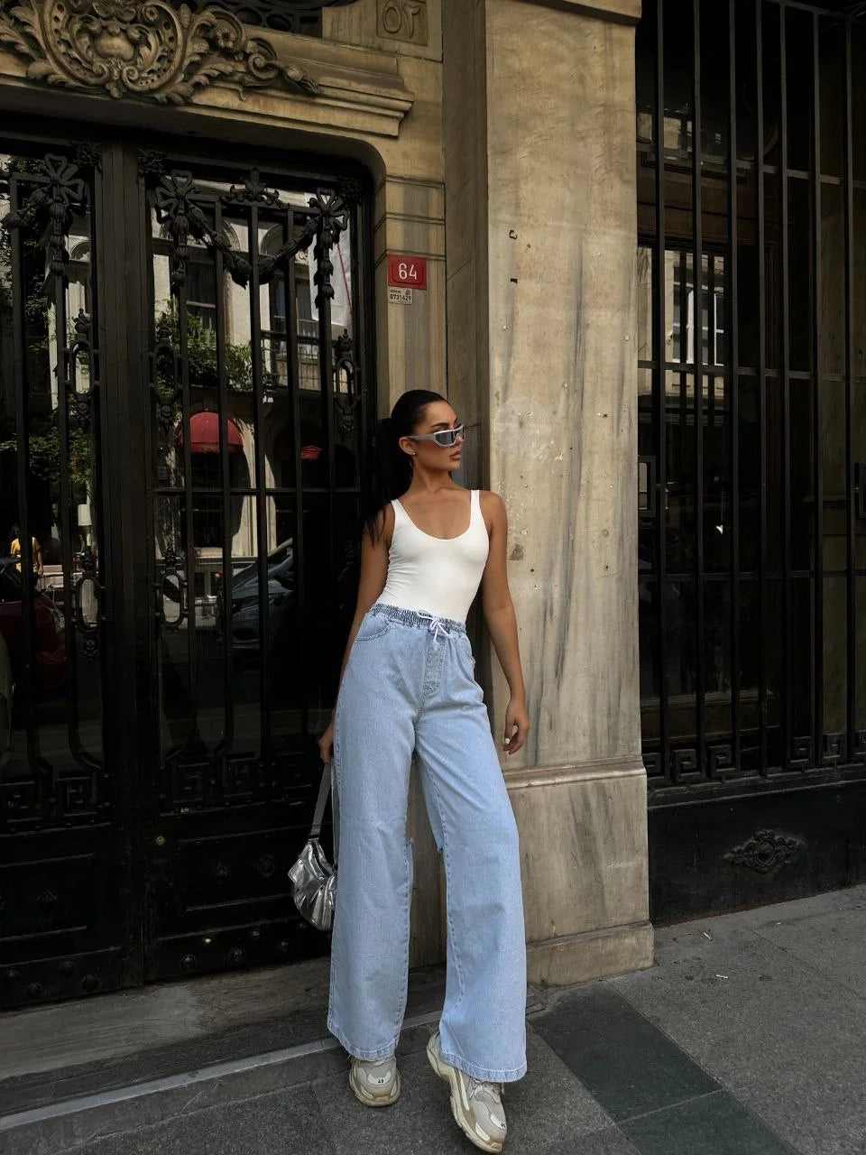 Kadın Arkadan Yırtmaçlı Jeans Kot Palazzo Pantolon - Siyah