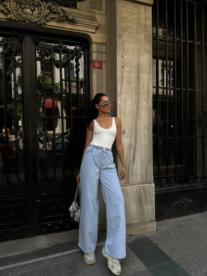 Kadın Arkadan Yırtmaçlı Jeans Kot Palazzo Pantolon - Siyah