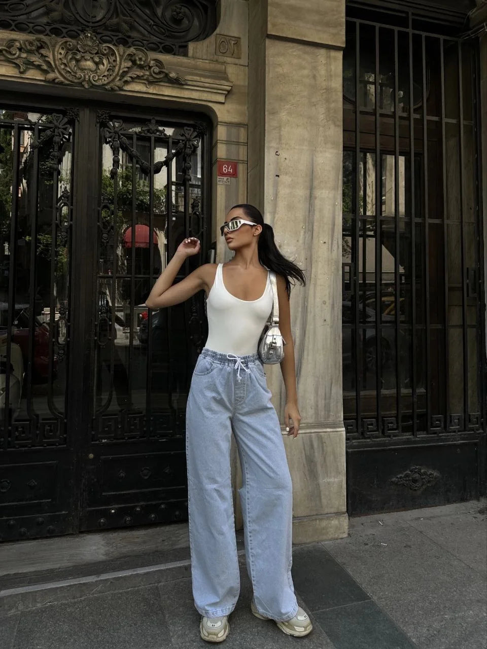 Kadın Arkadan Yırtmaçlı Jeans Kot Palazzo Pantolon - Siyah