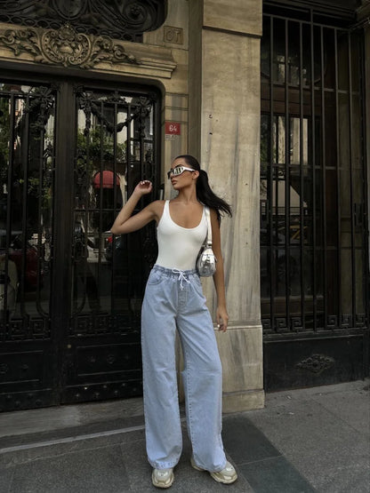 Kadın Arkadan Yırtmaçlı Jeans Kot Palazzo Pantolon - Siyah