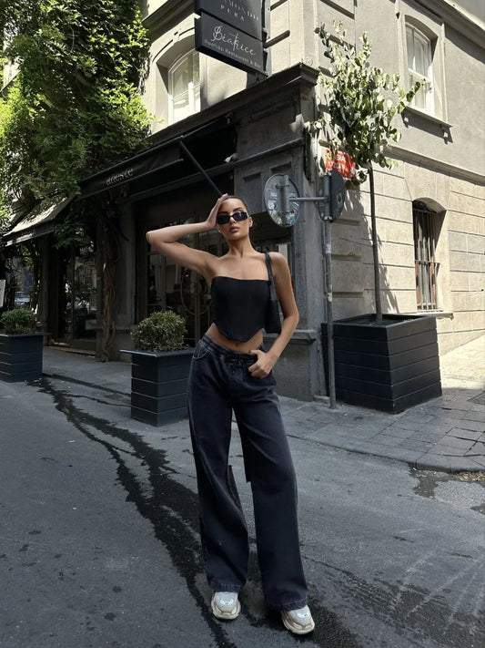 Kadın Arkadan Yırtmaçlı Jeans Kot Palazzo Pantolon - Siyah
