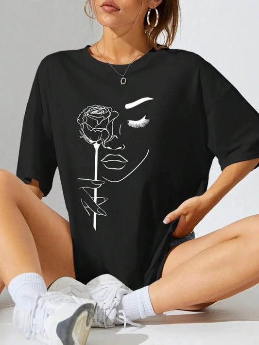 Kadın Baskılı Oversize T-shirt - Siyah