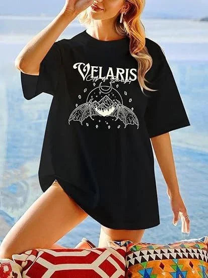 Kadın Bisiklet Yaka Baskılı T-shirt - Siyah