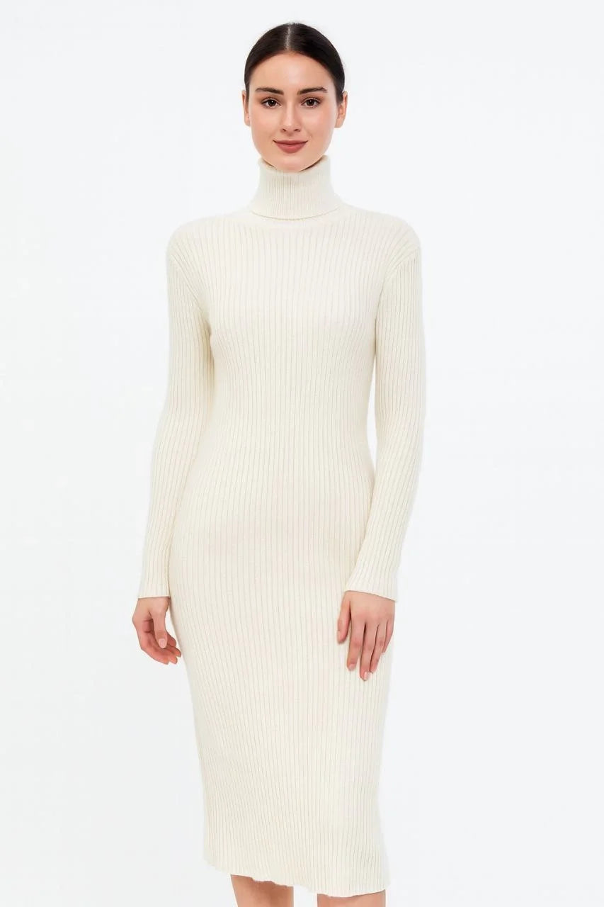 Kadın Tesettür Triko Elbise – Boğazlı Uzun Fitilli Dokuma, Esnek Tam Kalıp, 130 cm Midi Boy, Bahar & Kış Şık Rahat Stil - Kahverengi