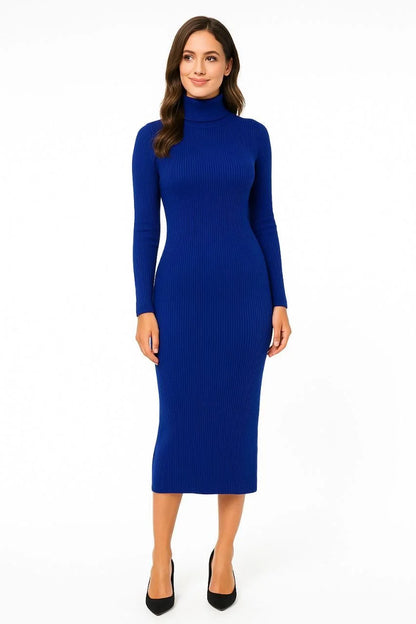 Kadın Tesettür Triko Elbise – Boğazlı Uzun Fitilli Dokuma, Esnek Tam Kalıp, 130 cm Midi Boy, Bahar & Kış Şık Rahat Stil - Kahverengi