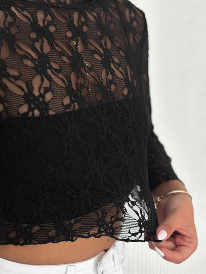 Kadın Dantel Uzun Kol Bluz- Siyah