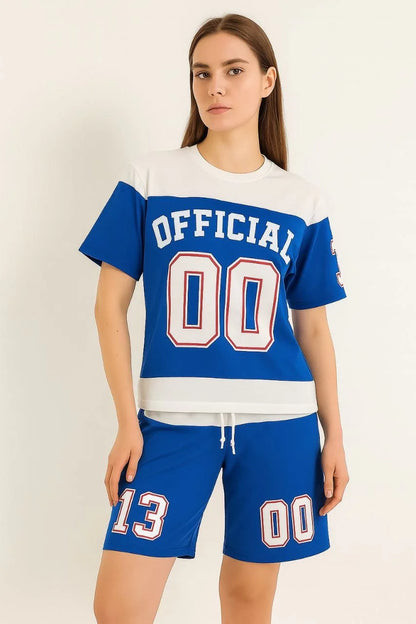 Erkek Şortlu Takım – Oversize İki İplik Kumaş, Ön & Arka Dijital Baskılı Tişört ve Lastikli Cepli Şort, Yazlık Günlük Spor Set - Mavi