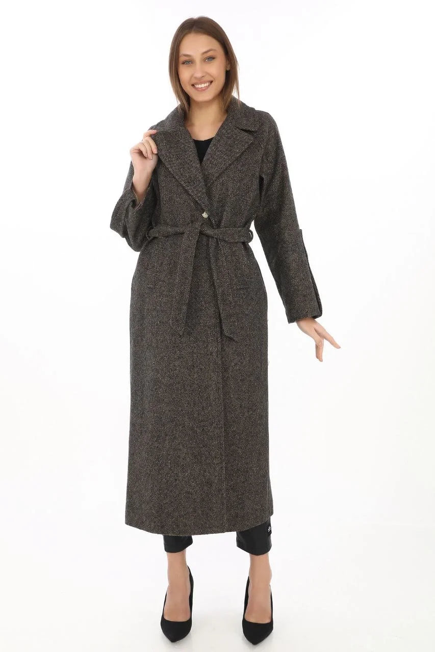 Kadın Kolu Apoletli Astarlı Kaşmir Kaşe Kaban - Vizon