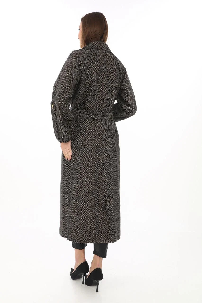 Kadın Kolu Apoletli Astarlı Kaşmir Kaşe Kaban - Vizon