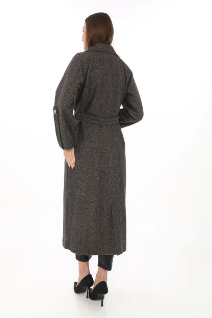 Kadın Kolu Apoletli Astarlı Kaşmir Kaşe Kaban - Vizon