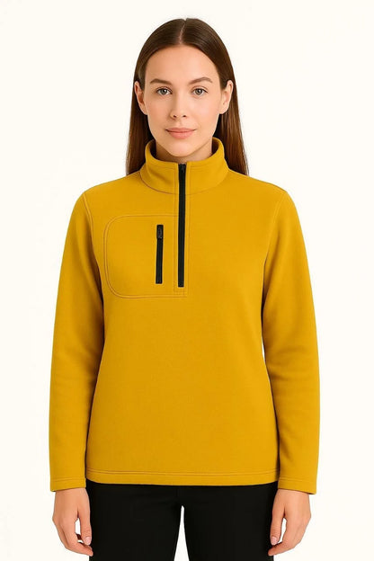 Kadın Polar Kazak – Dik Yaka, Yarım Fermuarlı, Fermuarlı Göğüs Cepli, Siyah Biyeli, Kışlık Rahat Regular Fit Günlük Model - Siyah