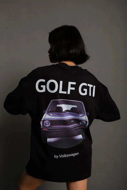 Erkek Oversize Baskılı Tişört – Golf GTI Retro Araba Desenli, Ön & Arka Dijital Baskı, Sokak Modası Stil - Gri