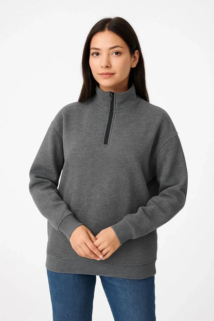 Erkek Dik Yaka Sweatshirt Dik Yaka Yarım Fermuarlı 3 İplik Şardonlu Pamuk Kumaş - Beyaz