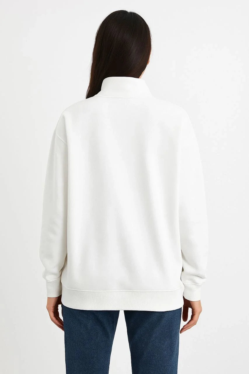 Erkek Dik Yaka Sweatshirt Dik Yaka Yarım Fermuarlı 3 İplik Şardonlu Pamuk Kumaş - Beyaz