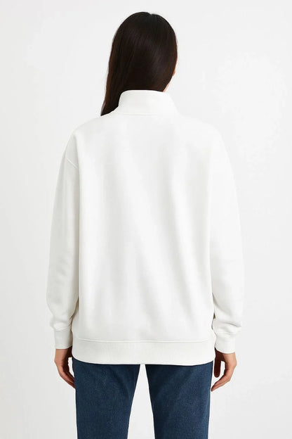 Erkek Dik Yaka Sweatshirt Dik Yaka Yarım Fermuarlı 3 İplik Şardonlu Pamuk Kumaş - Beyaz