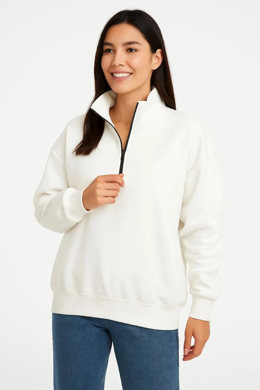 Erkek Dik Yaka Sweatshirt Dik Yaka Yarım Fermuarlı 3 İplik Şardonlu Pamuk Kumaş - Beyaz