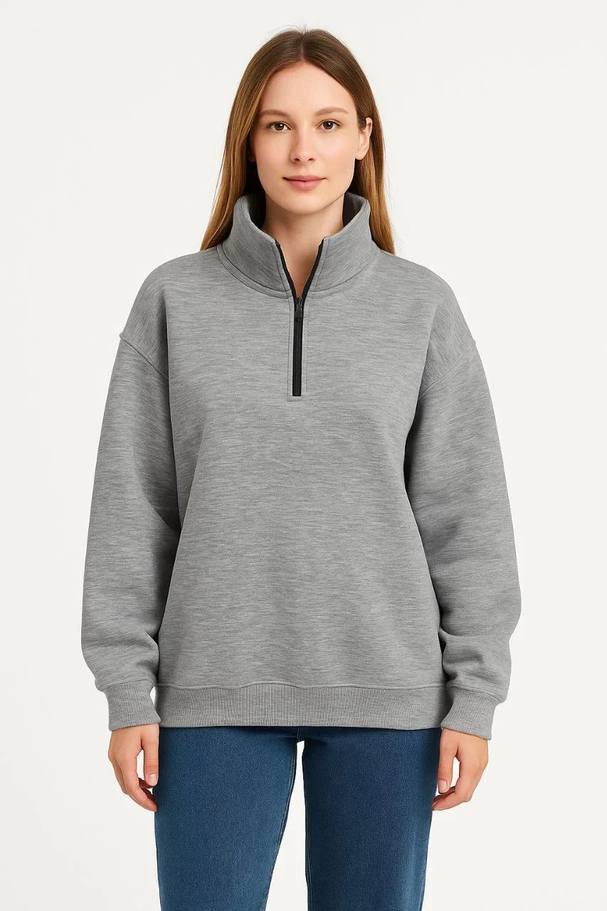 Erkek Dik Yaka Sweatshirt Dik Yaka Yarım Fermuarlı 3 İplik Şardonlu Pamuk Kumaş - Beyaz