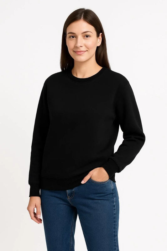 Kadın Üç İplik Düz Bisiklet Yaka SweatShirt - Siyah