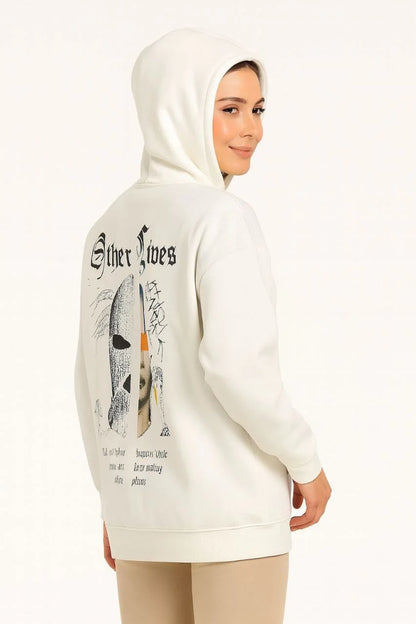 Kadın Oversize Üç İplik Kapüşonlu Sweatshirt – Siyah “Other Lives” Ön ve Arka Baskılı, Şardonlu Kışlık, Rahat Günlük Model Siyah