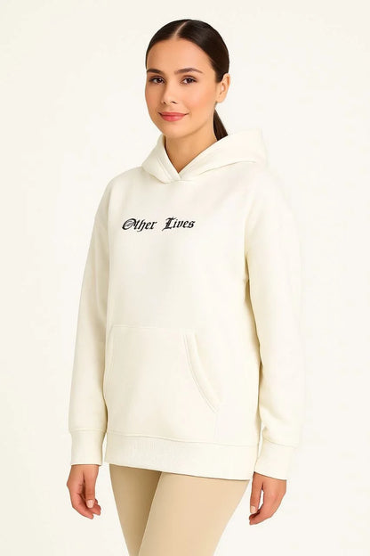 Kadın Oversize Üç İplik Kapüşonlu Sweatshirt – Siyah “Other Lives” Ön ve Arka Baskılı, Şardonlu Kışlık, Rahat Günlük Model Siyah