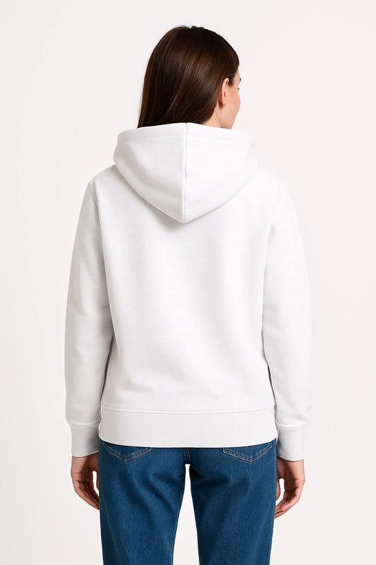 Kadın Üç İplik Kapüşonlu Kanguru Çepli SweatShirt hoodie - Beyaz