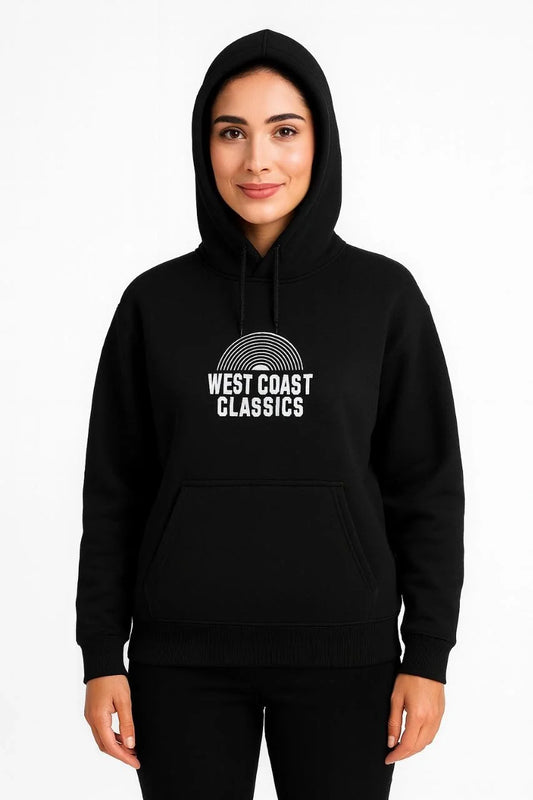 Kadın Kapşonlu Sweatshirt – Oversize Üç İplik Şardonlu Hoodie, “West Coast Classics” Ön & Arka Baskılı, Kanguru Cepli Kışlık Günlük Stil - Siyah