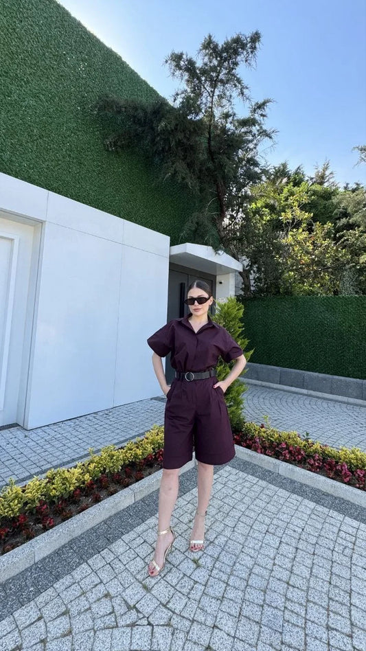 Kadın Yakalı Gömlek Kemerli Şortlu Takım - Bordo