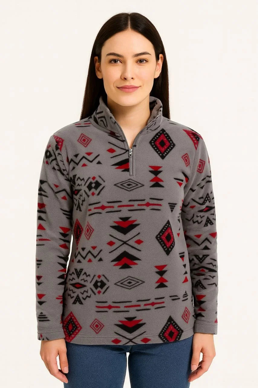 Kadın Yarım Fermuarlı Desenli Polar Sweat Tribal Etnik Desen Yakalı, Uzun Kollu, Oversize Rahat Kalıp - Siyah
