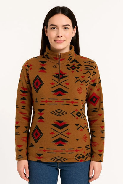 Kadın Yarım Fermuarlı Desenli Polar Sweat Tribal Etnik Desen Yakalı, Uzun Kollu, Oversize Rahat Kalıp - Siyah